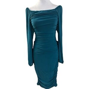 Merokeety Ruched Dress Puff Sleeves, Off Shoulder Womans Sz M Teal Green